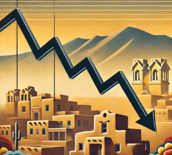 A symbolic image depicting falling interest rates with a house and a descending line graph. The background incorporates Santa Fe’s iconic adobe architecture and desert landscape, connecting the theme of interest rate cuts with housing affordability. Check it out and let me know if there’s anything else you’d like to adjust!