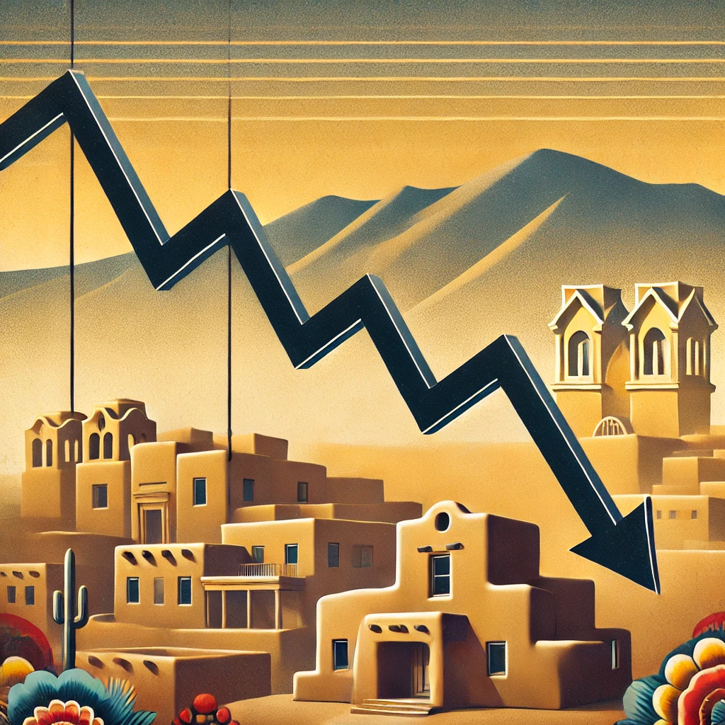 A symbolic image depicting falling interest rates with a house and a descending line graph. The background incorporates Santa Fe’s iconic adobe architecture and desert landscape, connecting the theme of interest rate cuts with housing affordability. Check it out and let me know if there’s anything else you’d like to adjust!