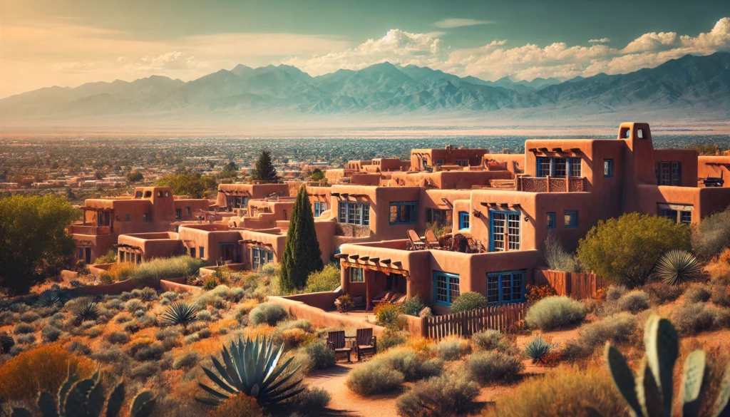 A wide shot of a picturesque Santa Fe neighborhood featuring adobe-style homes with desert landscapes in the background, under a clear blue sky.