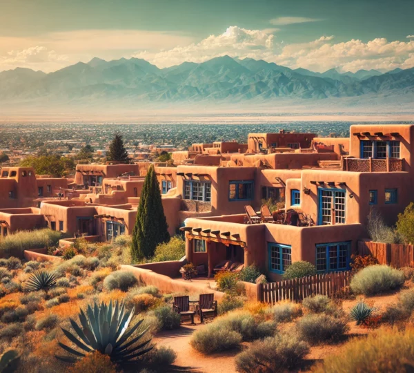 A wide shot of a picturesque Santa Fe neighborhood featuring adobe-style homes with desert landscapes in the background, under a clear blue sky.